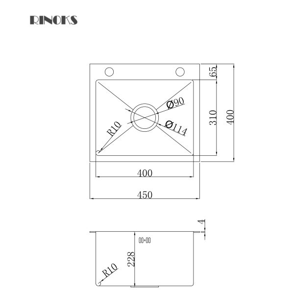 Bak cuci piring Kitchen sink 1-lubang tebal RINOKS model SB-4540 sketch