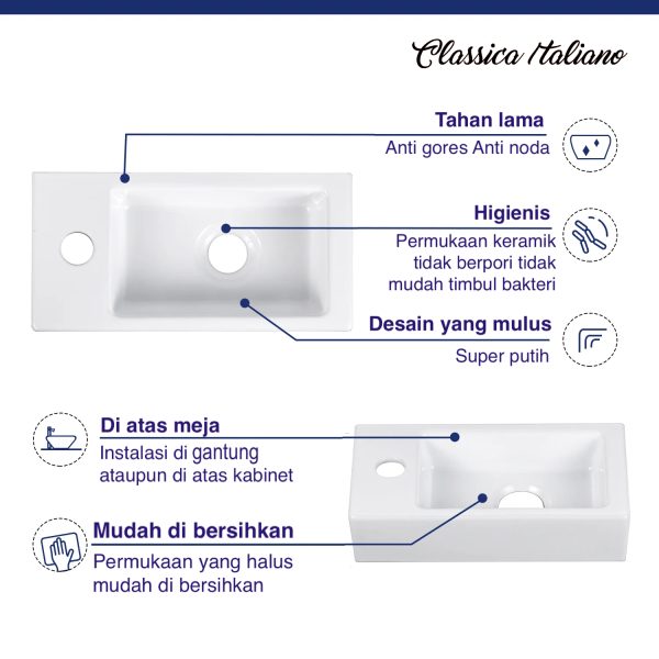 Wastafel sudut art basin keramik kotak Classica Italiano TC-033