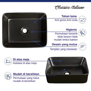 Art basin hitam modern wastafel keramik kotak Classica Italiano TC-037BK