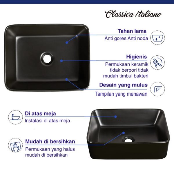 Art basin hitam modern wastafel keramik kotak Classica Italiano TC-037BK