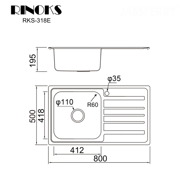Wastafel dapur RINOKS kitchen sink stainles 80cm RKS-318 sketch