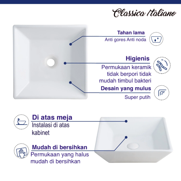 Wastafel minimalis Classica Italiano Limas segi empat TC-036