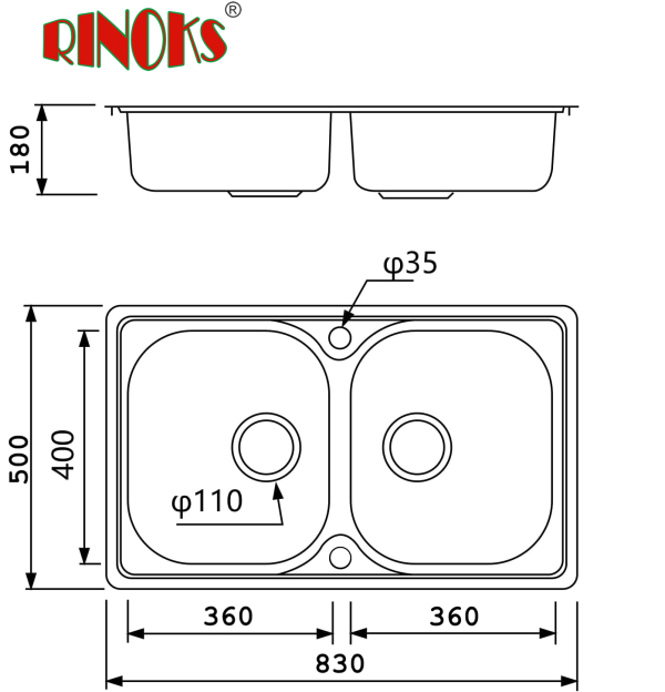 wastafel stainless steel tebal RINOKS 8350 sketch